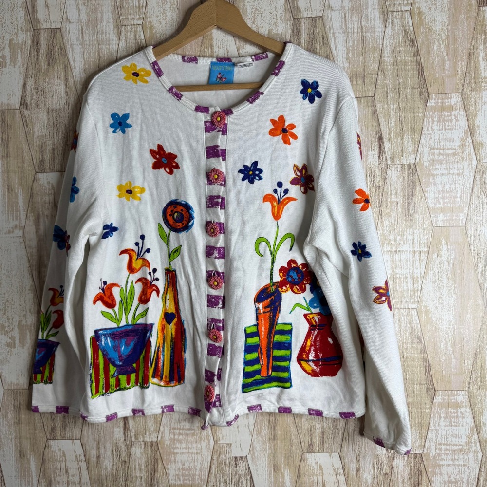 Vintage‎ SAARIELLE White Floral Vase Botanical Knit Cardigan Sweater Women's M